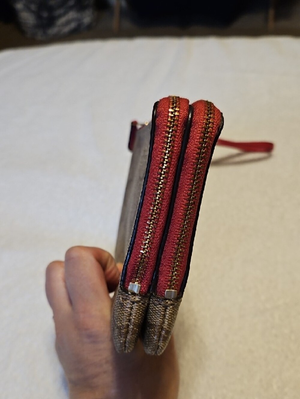 Coach Brown Signature Canvas Wristlet with Red Trim - Picture 7 of 10